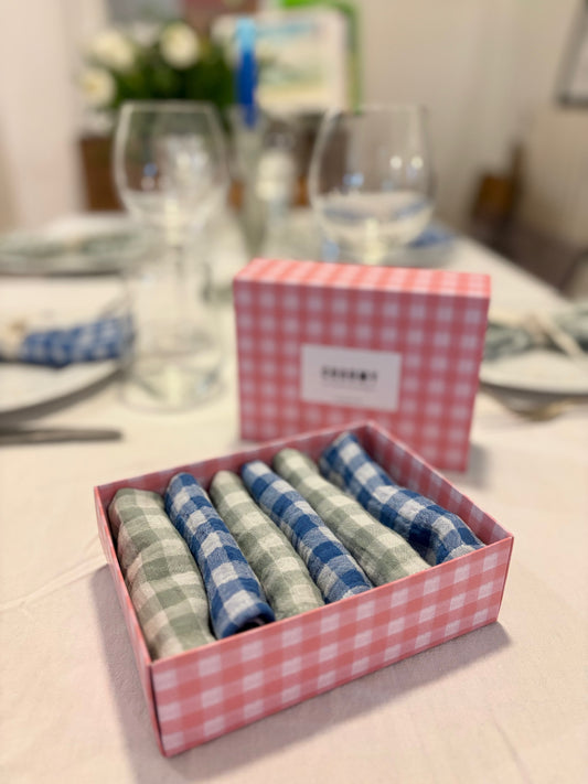 Coffret 6 serviettes de table en tissu vichy bleu et vert