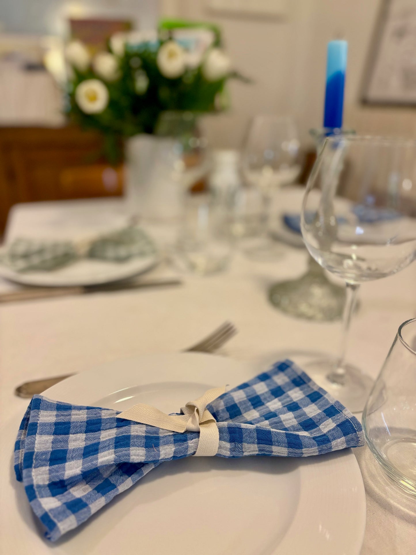 Coffret 6 serviettes de table en tissu vichy bleu et vert