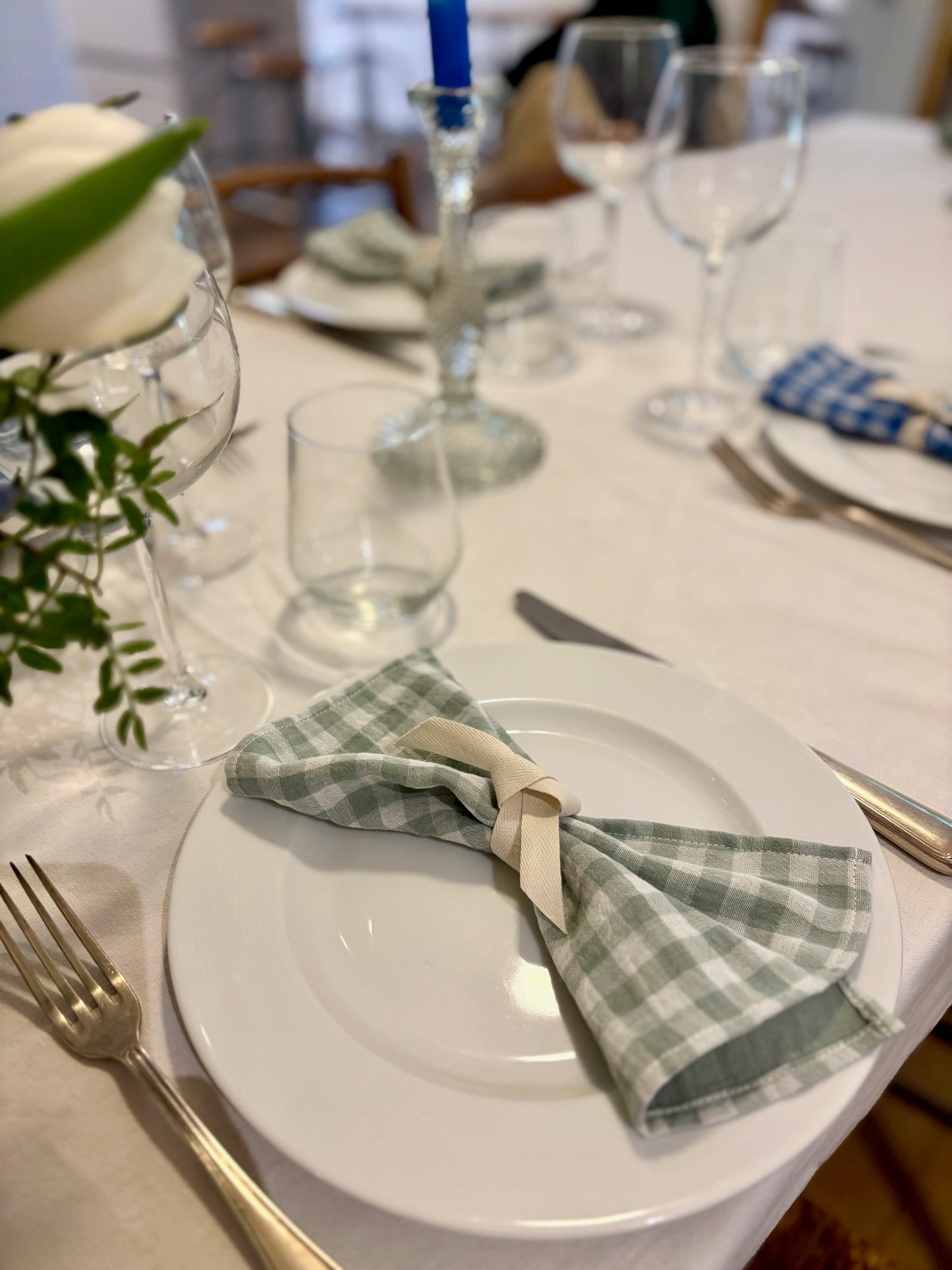 Coffret 6 serviettes de table en tissu vichy bleu et vert