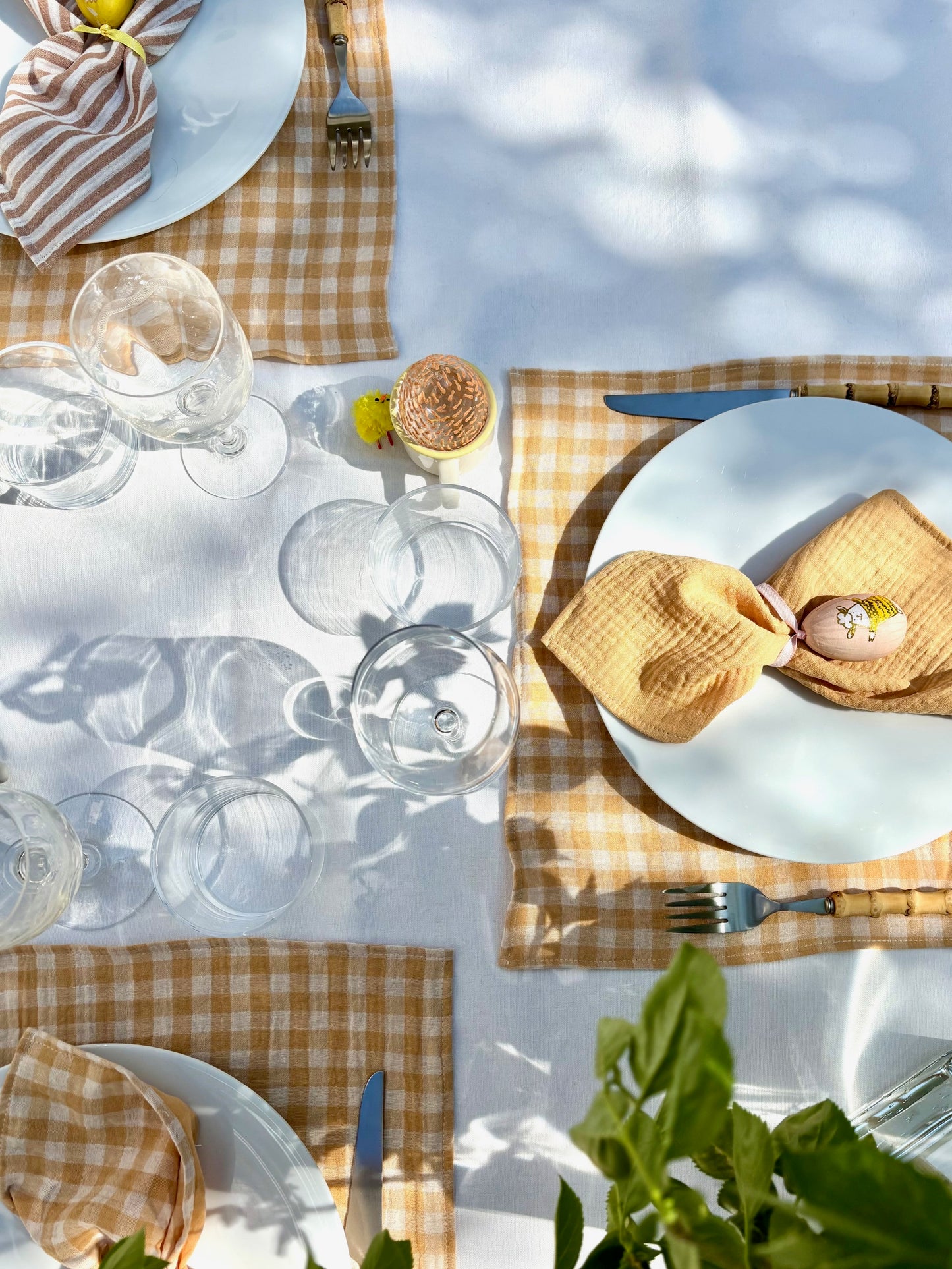 Coffrets 6 serviettes de Table Petites en gaze de coton unies et vichy blé, rayées caramel