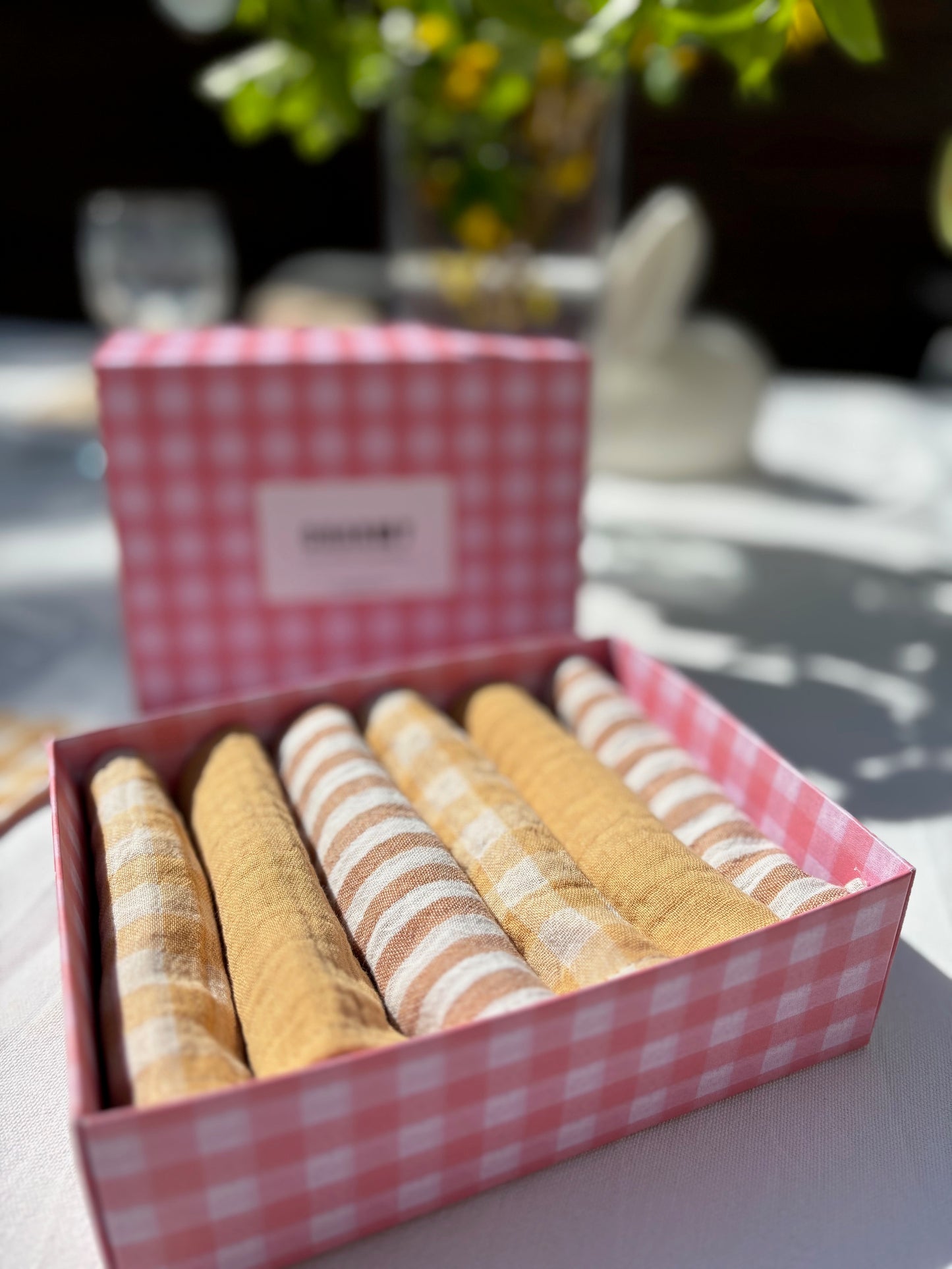 Coffrets 6 serviettes de Table Petites en gaze de coton unies et vichy blé, rayées caramel