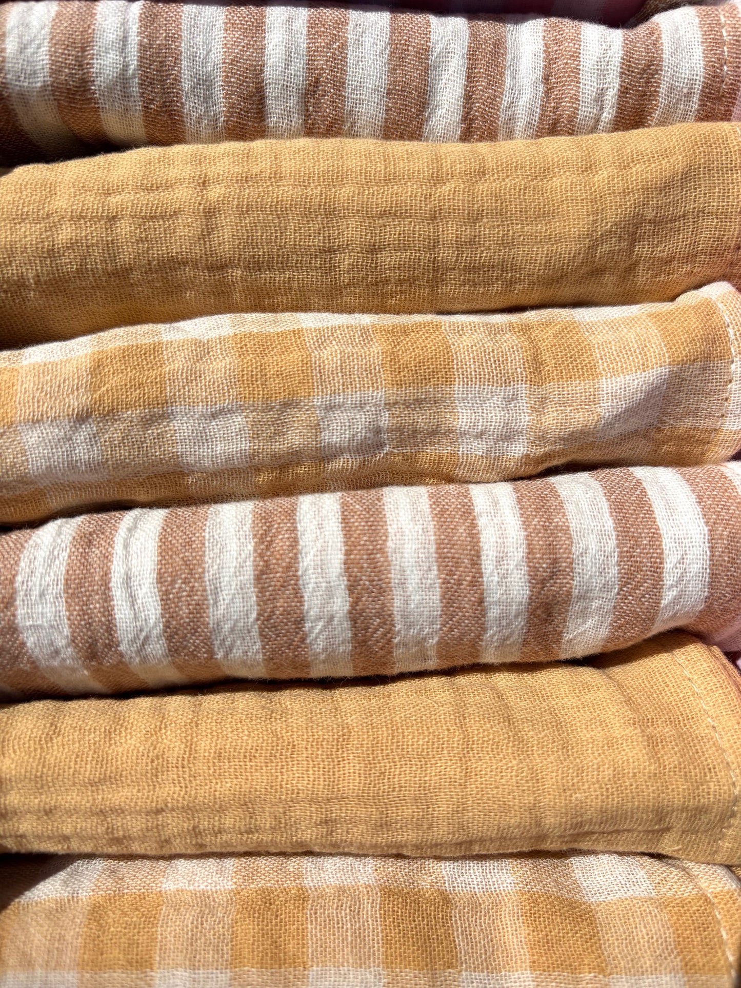 Coffrets 6 serviettes de Table Petites en gaze de coton unies et vichy blé, rayées caramel