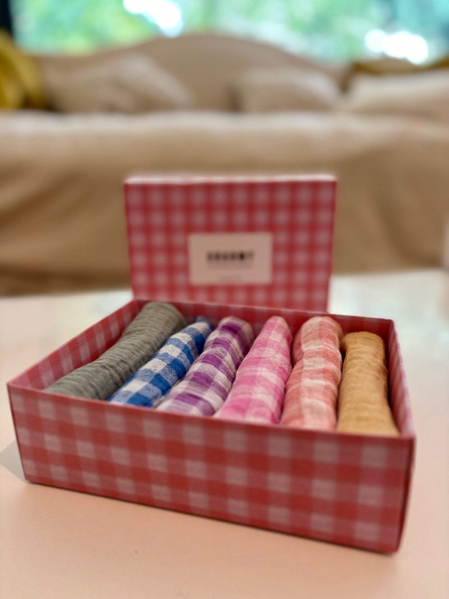 Coffret de 6 serviettes cocktail - Gaze de coton - Motif vichy et uni multicolore - 23x23cm