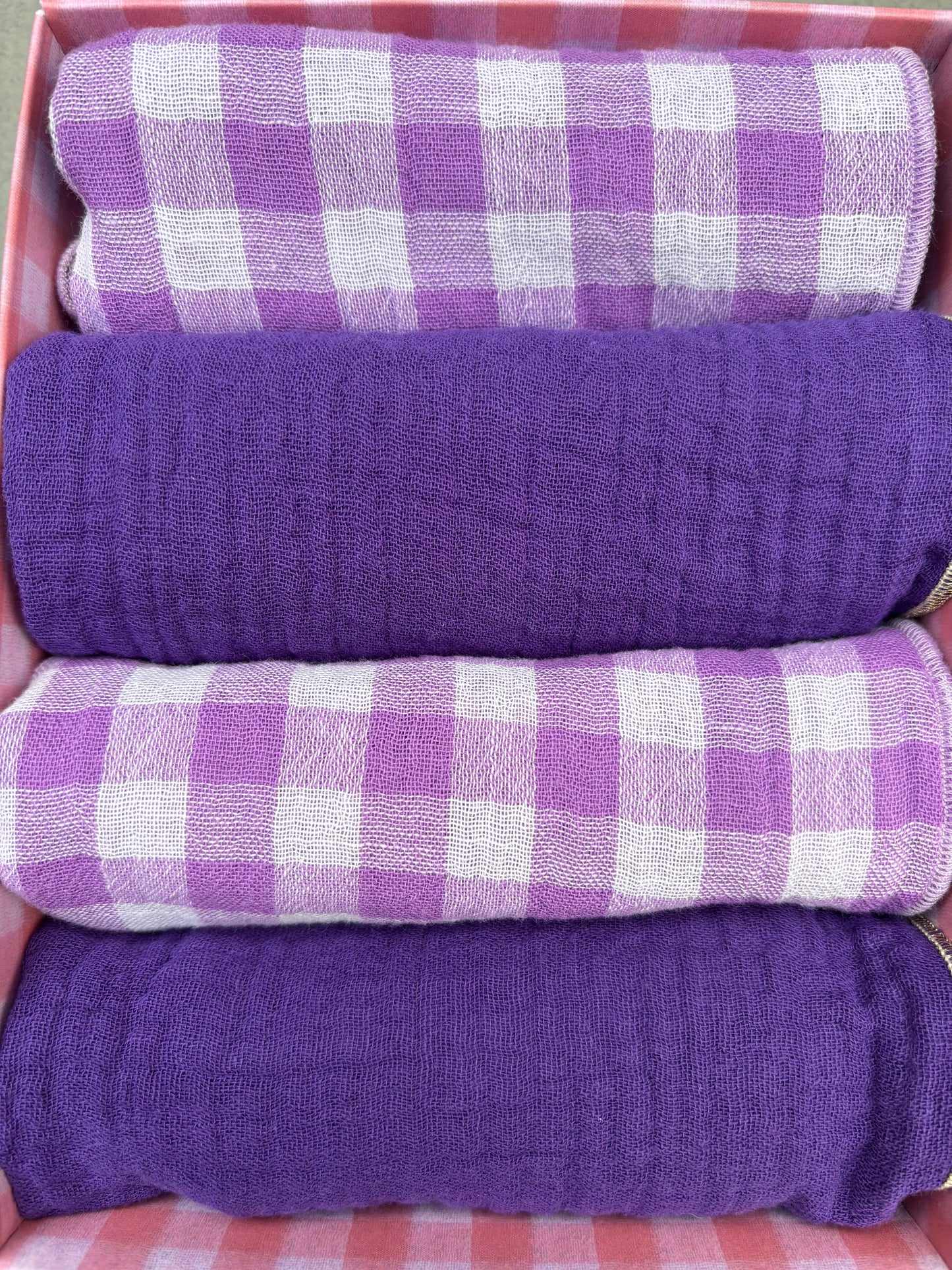 Coffret 4 Serviettes de Table – Gaze de Coton – Vichy et Uni Glycine – 40x40 cm