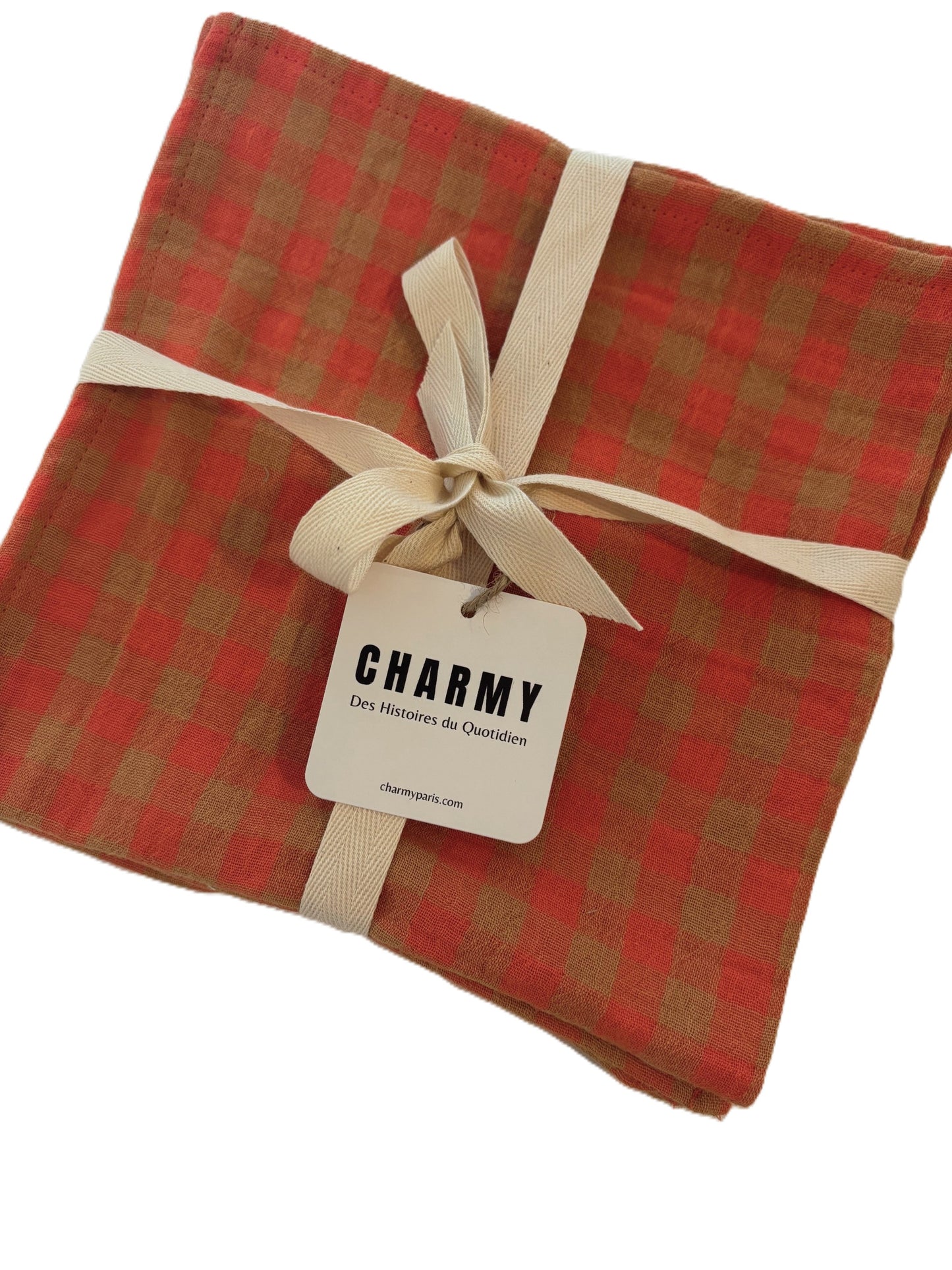 2 Serviettes de Table en Double Gaze de Coton – Vichy Tangerine & Caramel – 40x40 cm