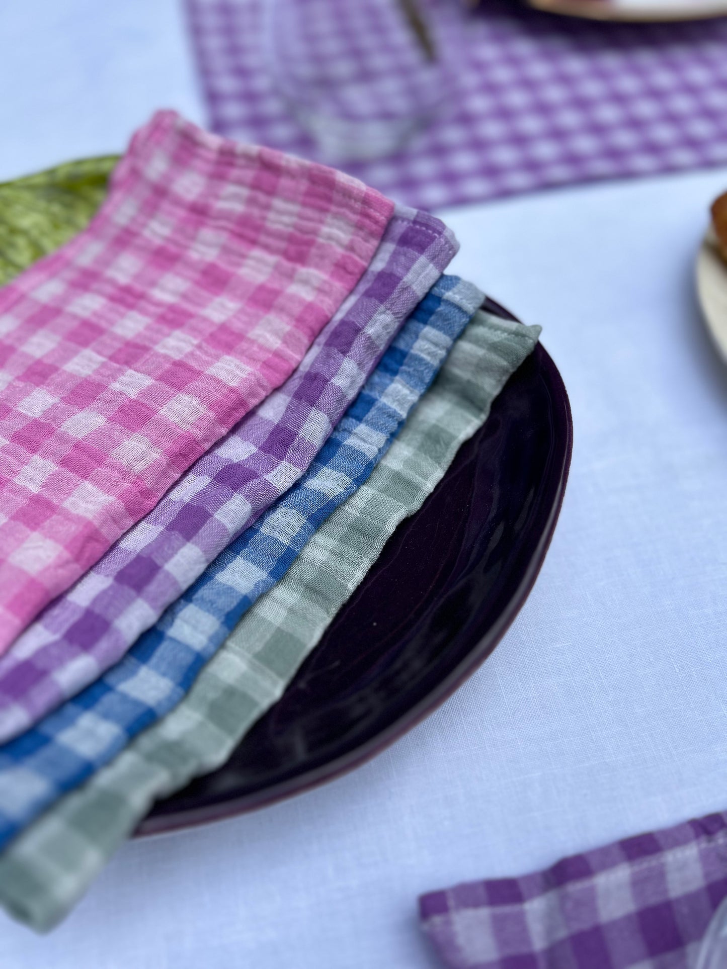 Coffret 6 serviettes de table Petites 23x23cm Vichy rose, bleu et violet