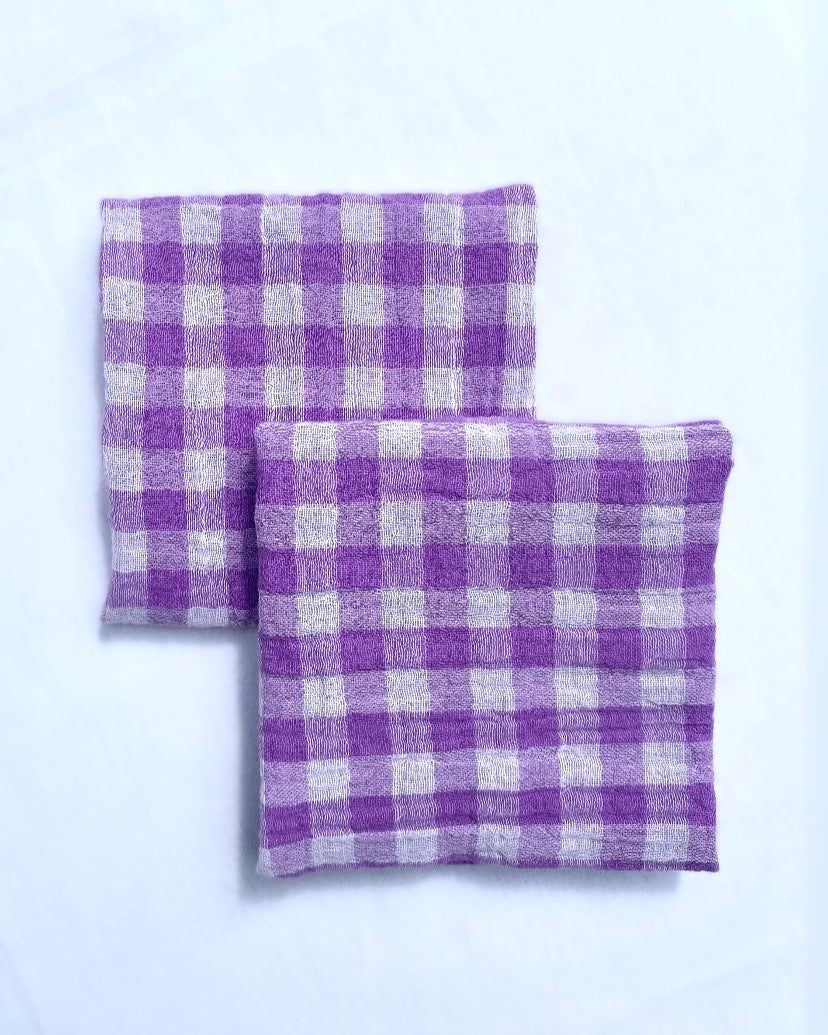 2 serviettes de Table en tissu double gaze de coton Vichy Glycine made in France pliée en carré