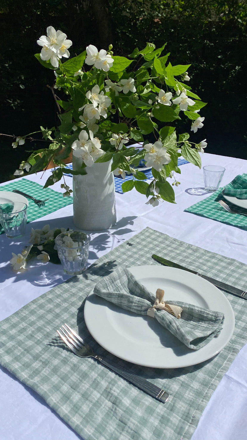 table dressée à l'exterieur avec du soleil, une nappe et des assiettes blanches, un bouquet de fleur est posé sur la table, il y a des sets de table vert de gris vichy et les serviettes assorties