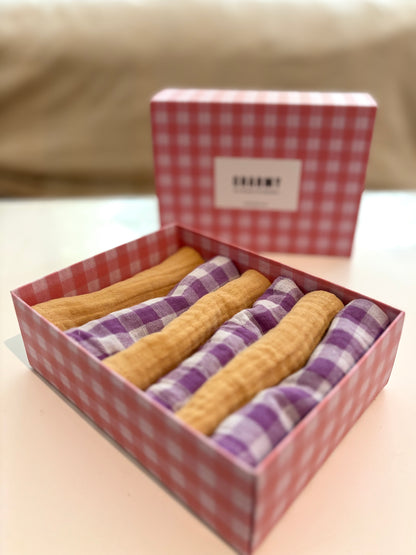 Coffret de 6 serviettes Cocktail - Gaze de coton unie blé et vichy violet - 23x23cm