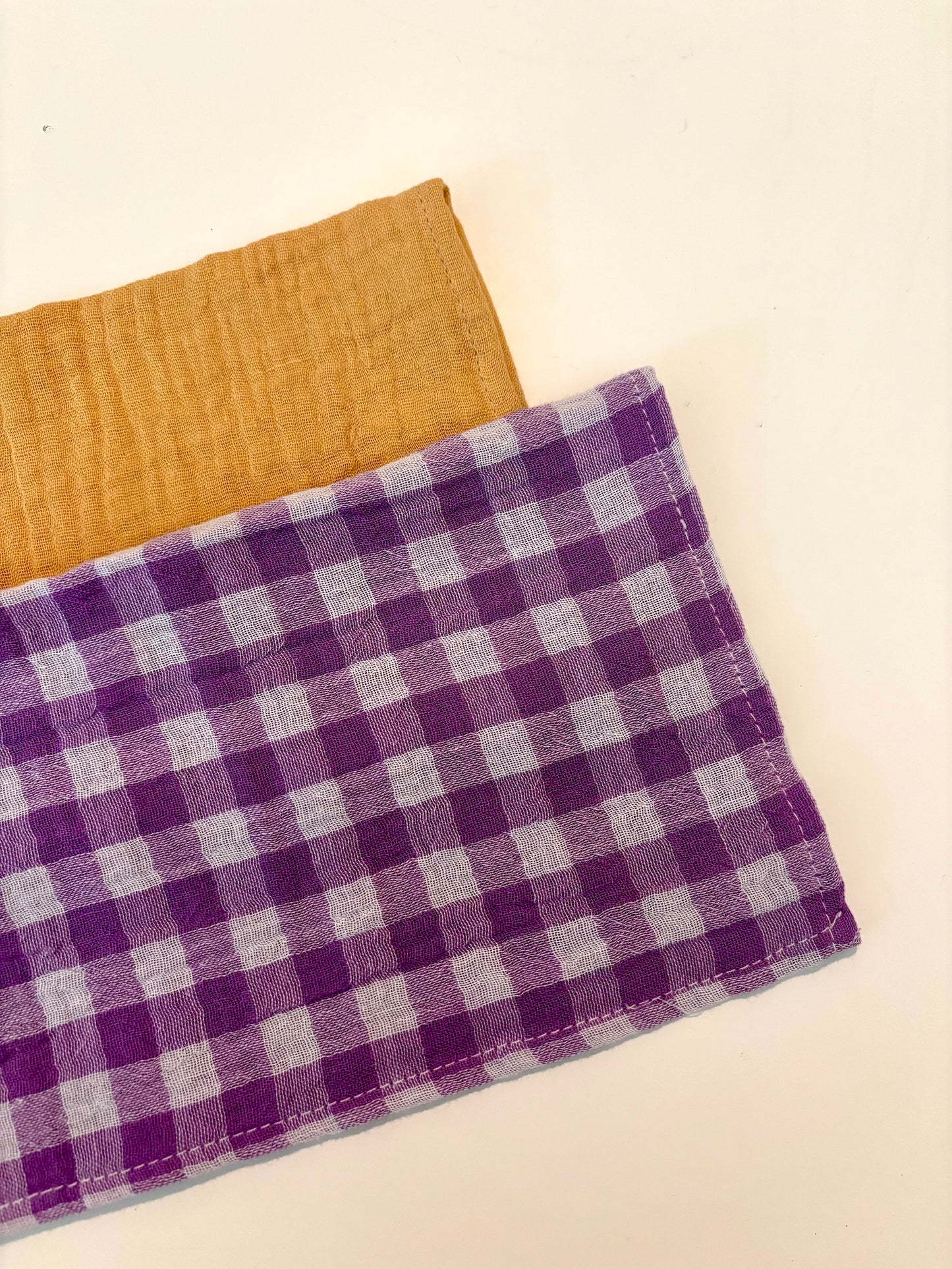 Coffret de 6 serviettes Cocktail - Gaze de coton unie blé et vichy violet - 23x23cm