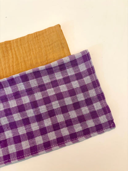 Coffret de 6 serviettes Cocktail - Gaze de coton unie blé et vichy violet - 23x23cm