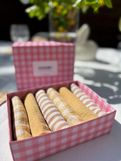 Coffrets 6 serviettes de Table Petites en gaze de coton unies et vichy blé, rayées caramel