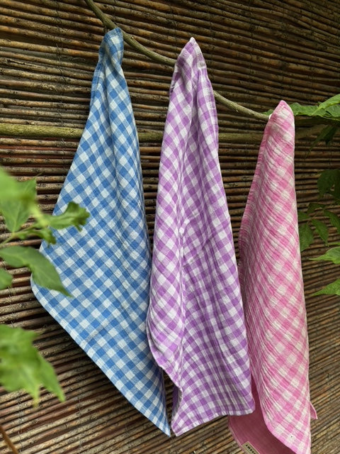 3 essuie-mains vichy bleu, rose et violet fabriqués en France