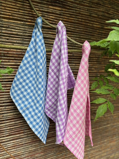 3 essuie-mains vichy bleu, rose et violet fabriqués en France