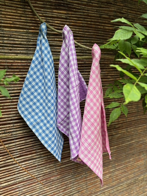 3 essuie-mains vichy bleu, rose et violet fabriqués en France