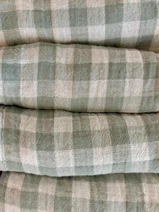 Coffret 4 Serviettes de Table – Double Gaze de Coton – Vichy Vert de Gris – 40x40 cm