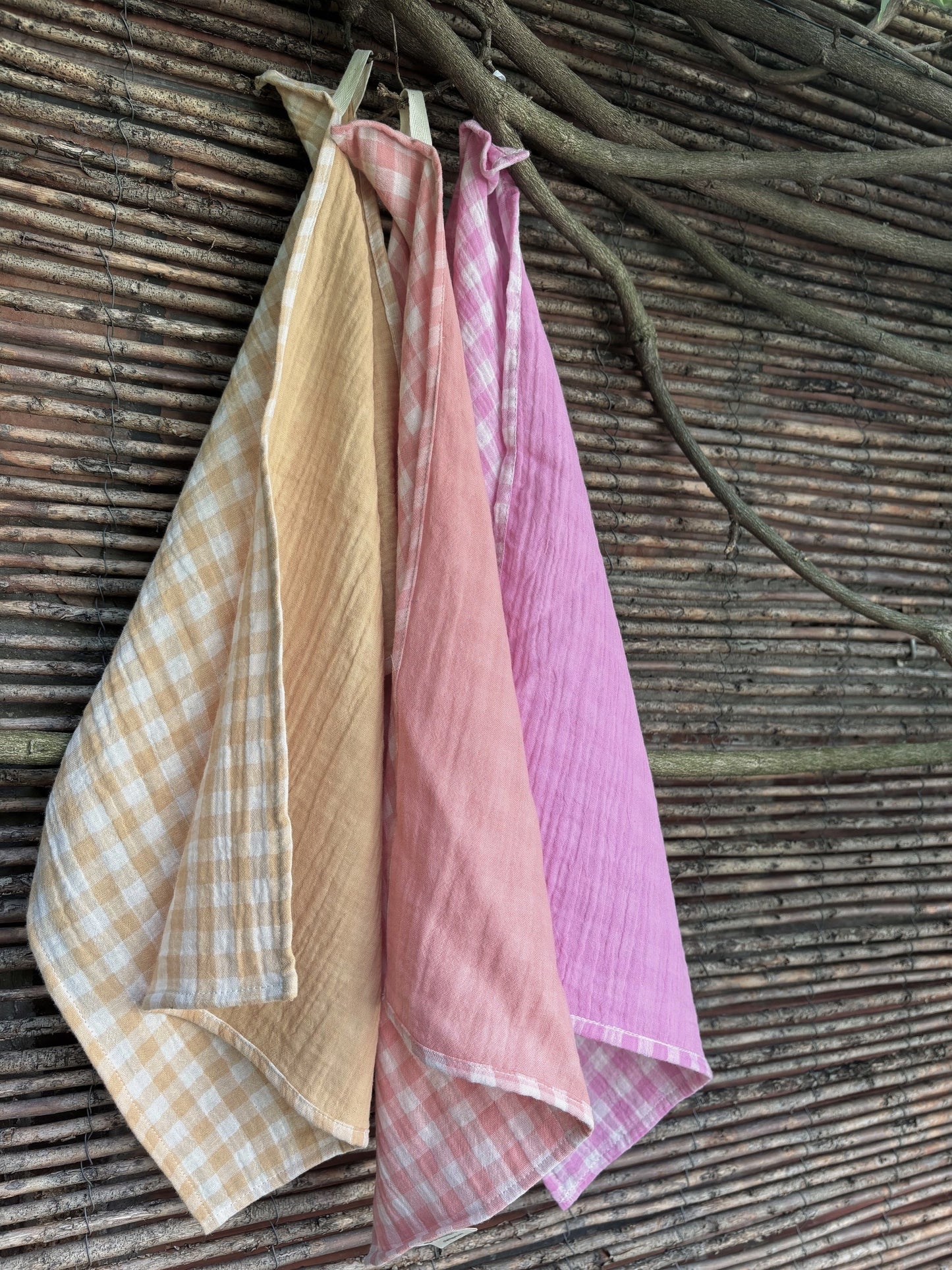 3 essuie-mains 35x50 - vichy blé, rose bonbon et barbapapa - fabriqués en France