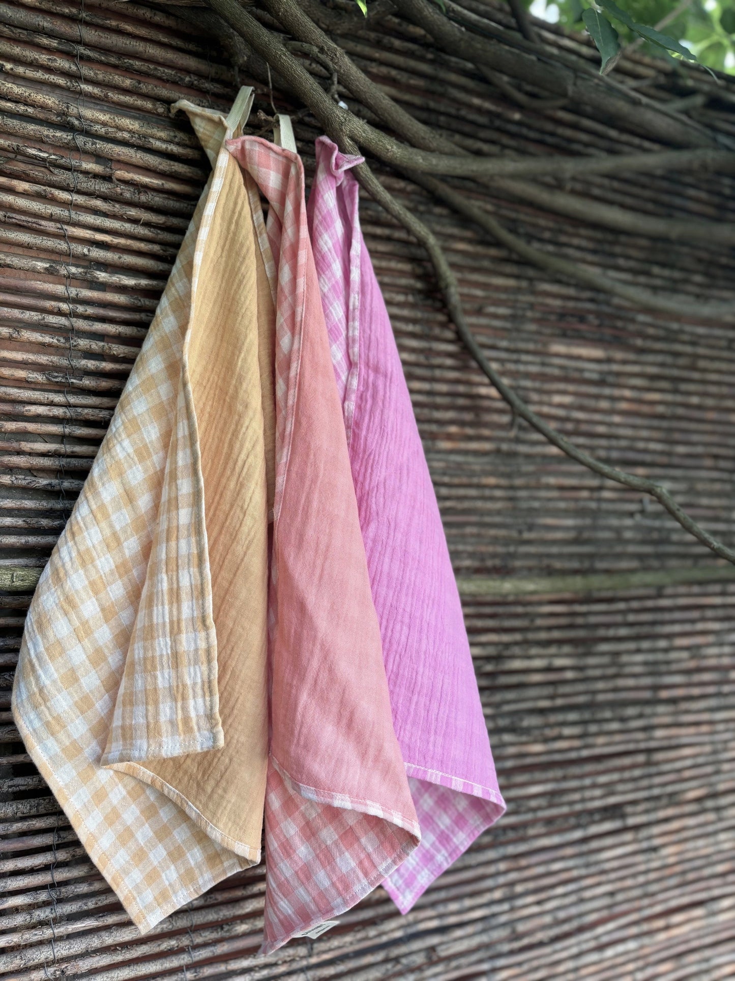3 essuie-mains 35x50 - vichy blé, rose bonbon et barbapapa - fabriqués en France