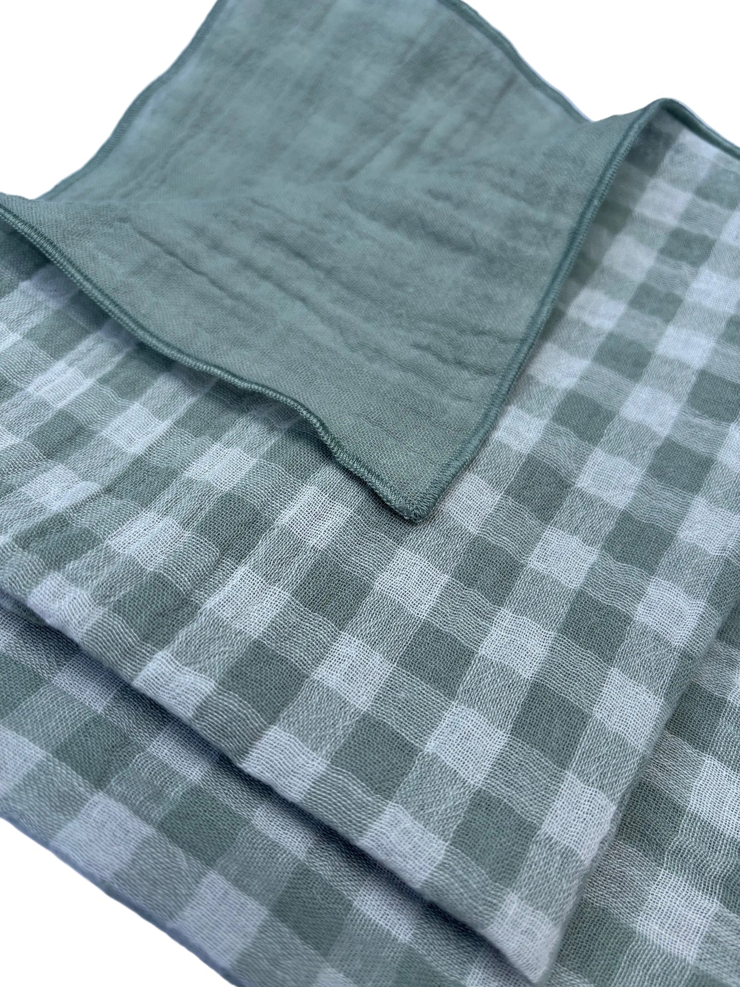 Serviettes de table vichy vert de gris en double gaze de coton, fabriquées en France