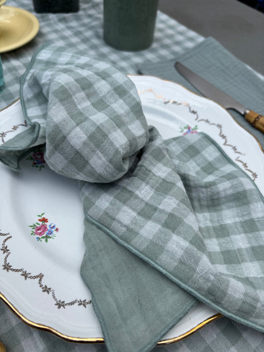 2 Serviettes de Table en Double Gaze de Coton – Vichy Vert de Gris – 40x40 cm