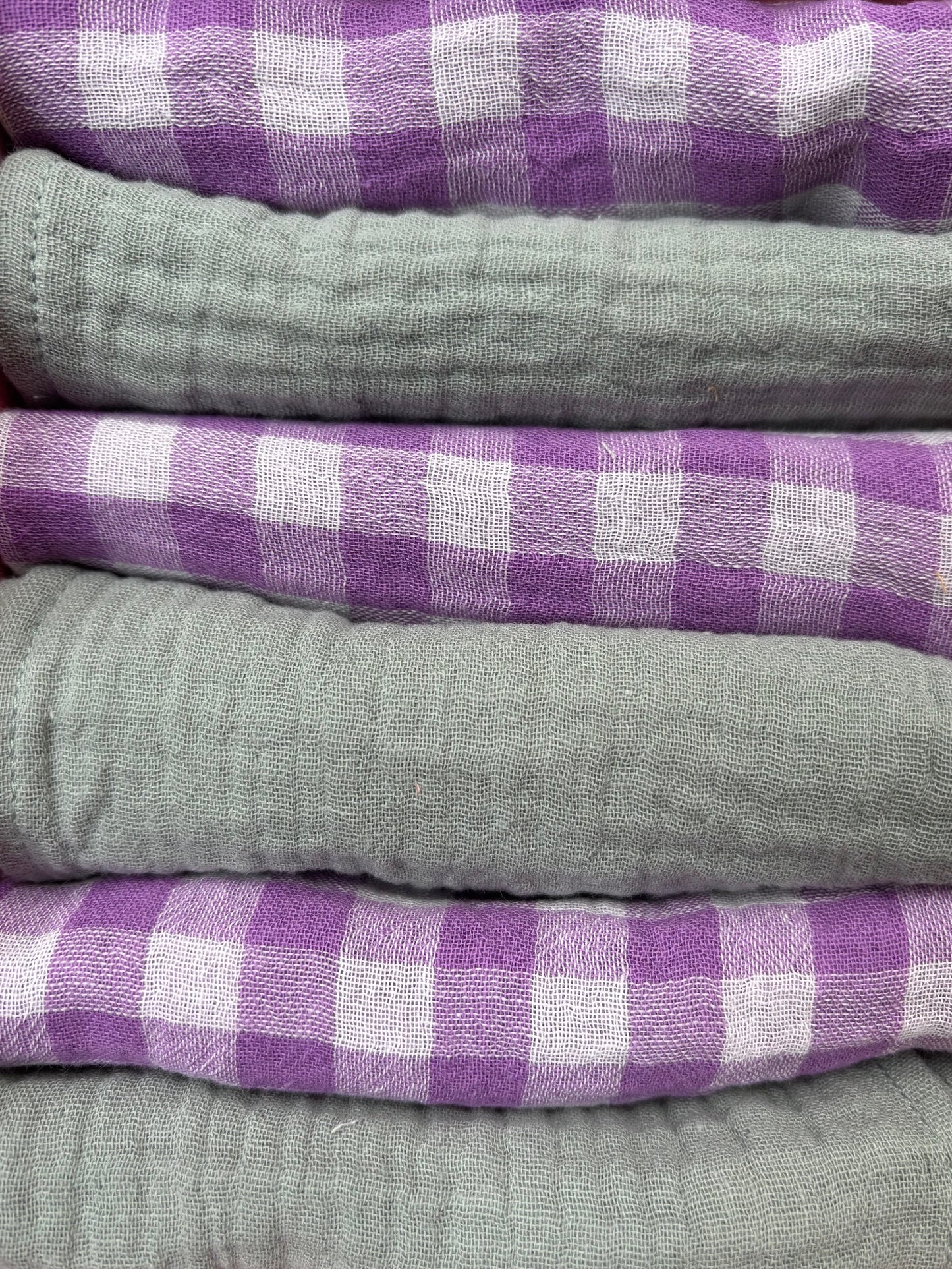 Coffret de 6 serviettes Cocktail - Gaze de coton unie Vert de gris et vichy violet - 23x23cm