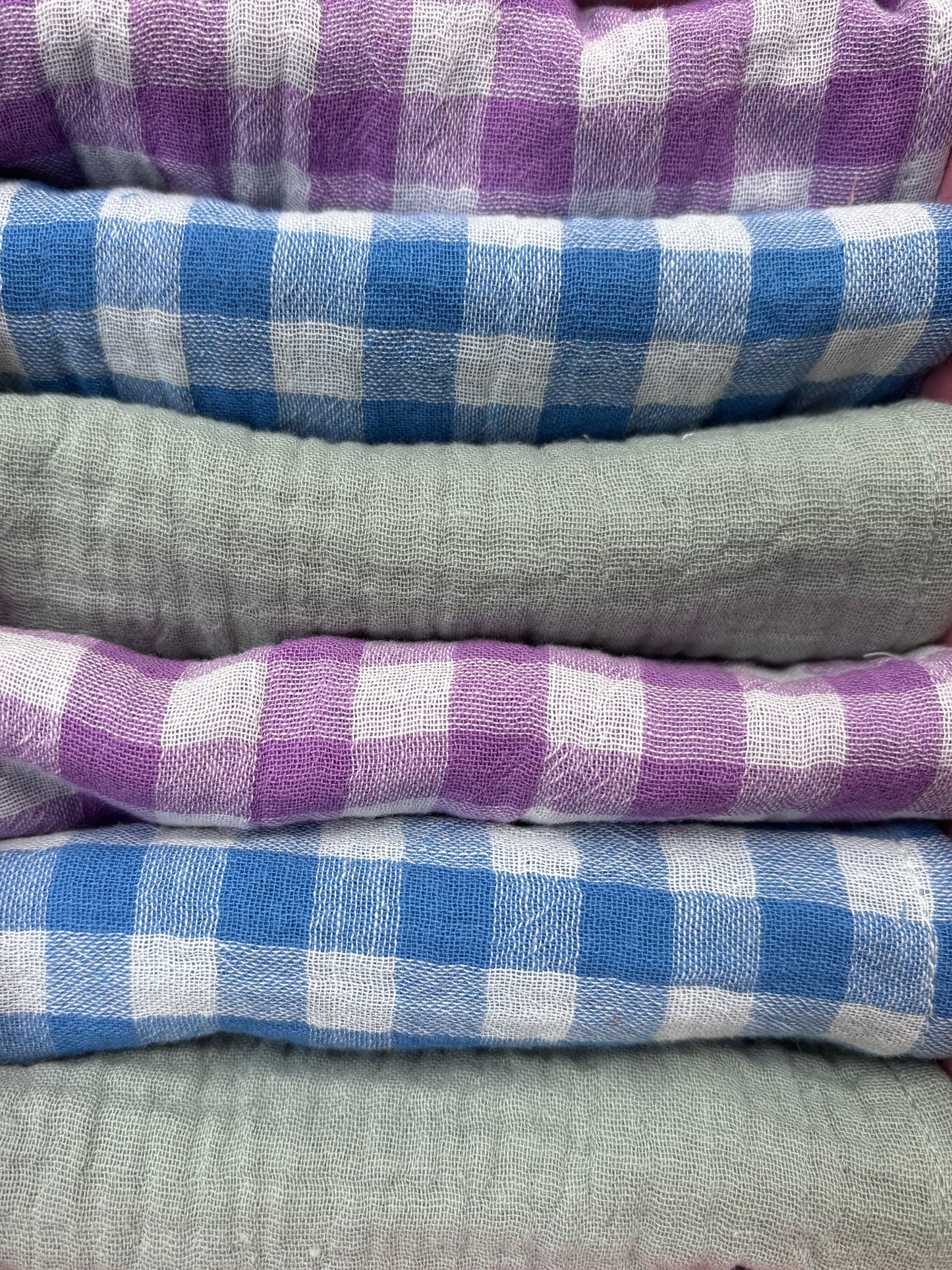 Coffret de 6 serviettes Cocktail - Gaze de coton unie vert de gris, vichy violet et azur - 23x23cm