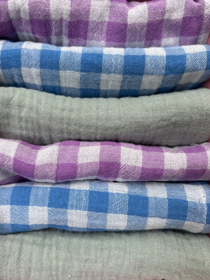 Coffret de 6 serviettes Cocktail - Gaze de coton unie vert de gris, vichy violet et azur - 23x23cm