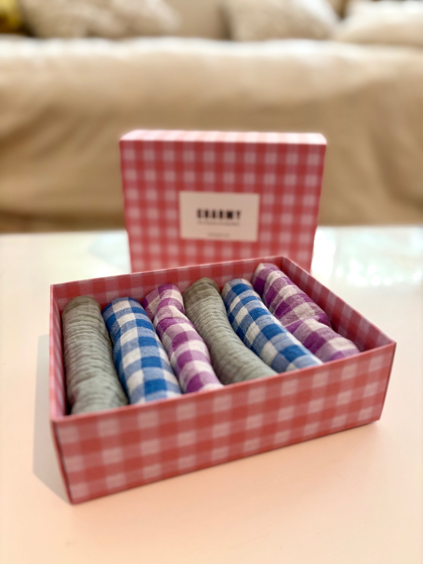 Coffret de 6 serviettes Cocktail - Gaze de coton unie vert de gris, vichy violet et azur - 23x23cm