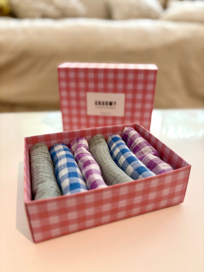Coffret de 6 serviettes Cocktail - Gaze de coton unie vert de gris, vichy violet et azur - 23x23cm