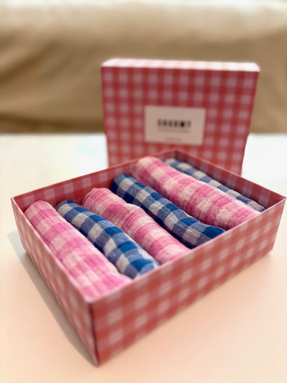 Coffret de 6 serviettes Cocktail - Gaze de coton unie vichy rose et azur - 23x23cm