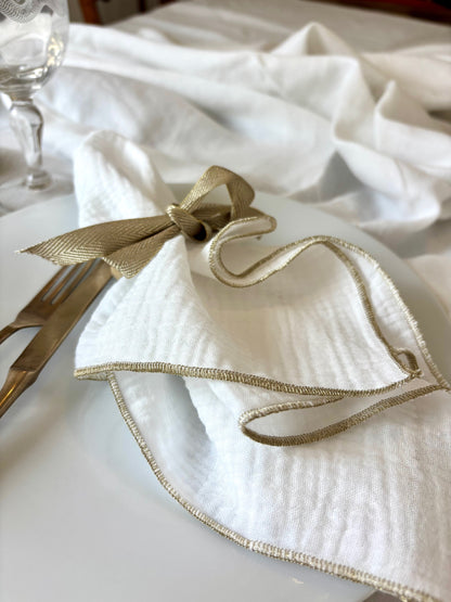 Coffret de 4 Serviettes de Table en Gaze de Coton – Blanc Doré – 40x40cm