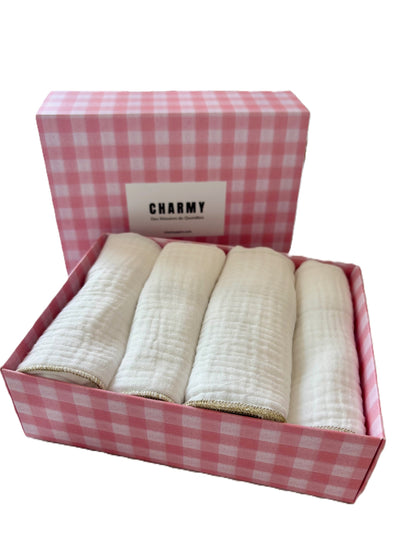 Coffret de 4 Serviettes de Table en Gaze de Coton – Blanc Doré – 40x40cm