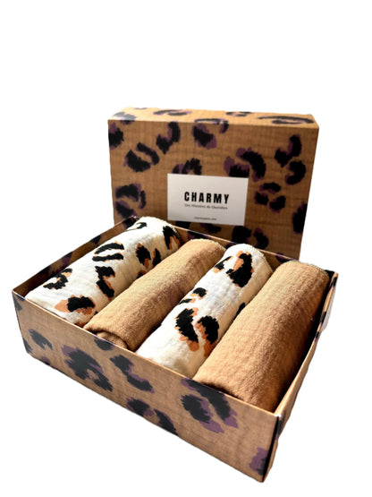 Coffret 4 Serviettes de Table – Gaze de Coton – Leopard Ecru & Camel – 40x40 cm