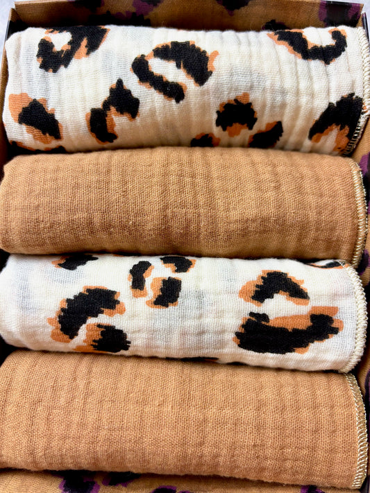 Coffret 4 Serviettes de Table – Gaze de Coton – Leopard Ecru & Camel – 40x40 cm