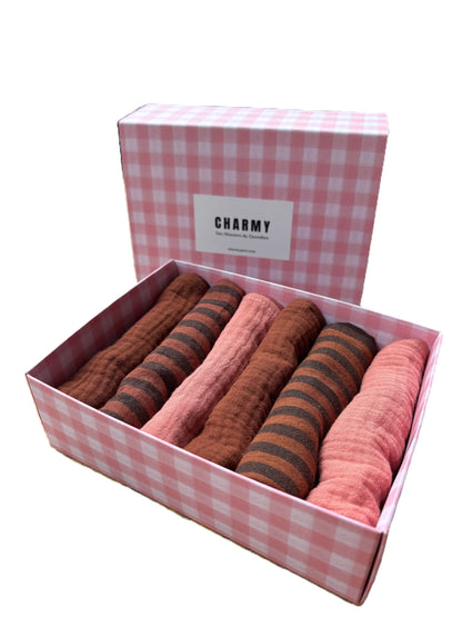 Coffret de 6 serviettes Cocktail - Rose Toffee- Gaze de coton  - 23x23cm