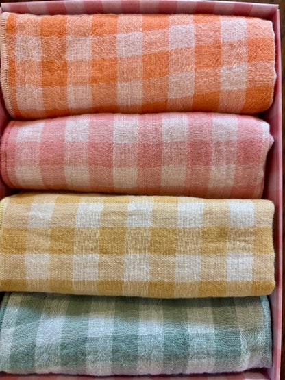 Coffret de 4 Serviettes de Table en Double Gaze de Coton – Vichy blé, barbapapa, clémentine et vert de gris– 40x40cm