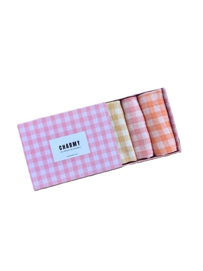 Coffret de 4 Serviettes de Table en Double Gaze de Coton – Vichy blé, barbapapa, clémentine et vert de gris– 40x40cm