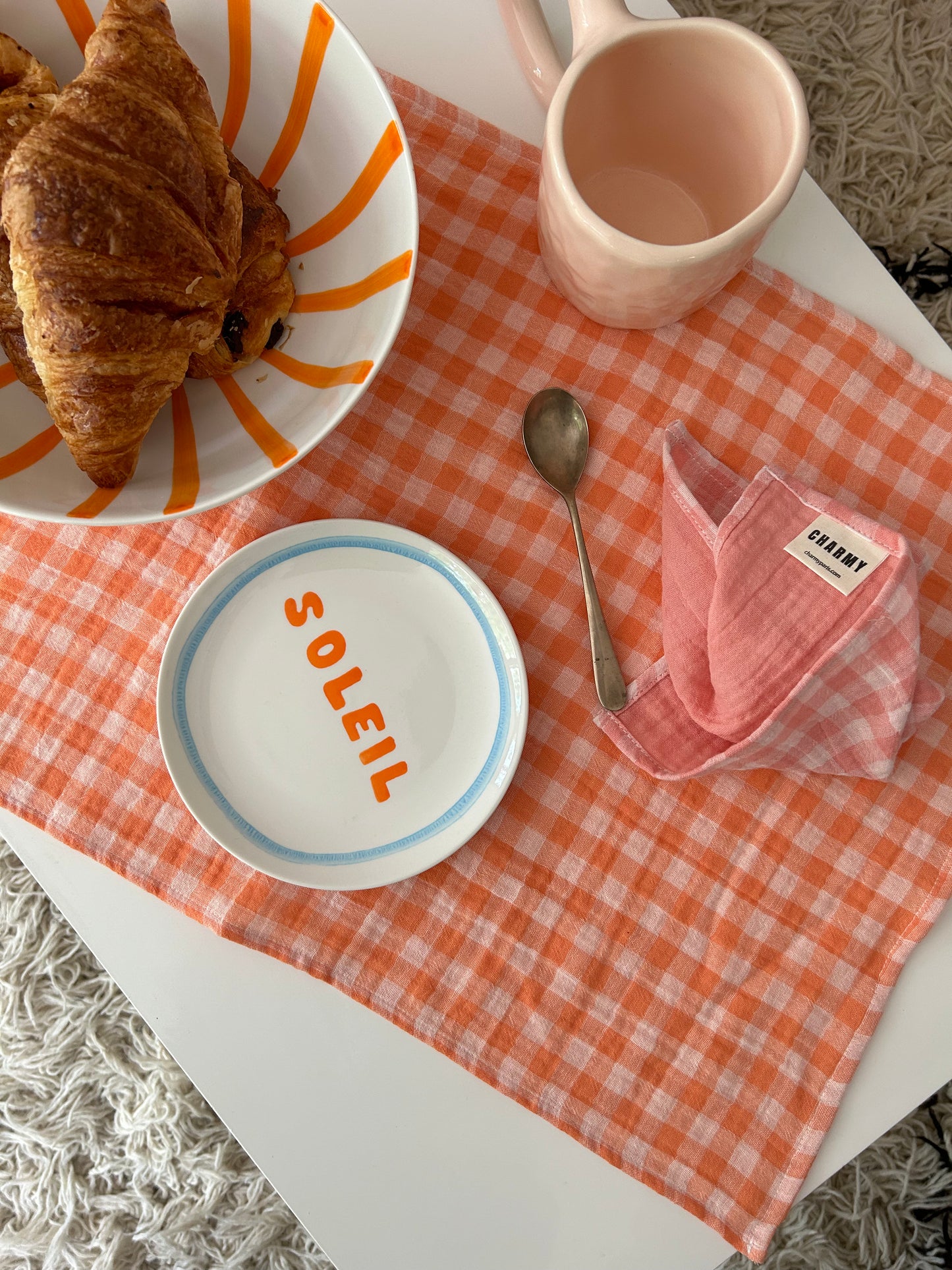 set de table en tissu motif vichy orange clémentine