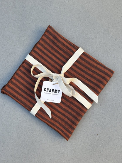 Lot de 2 serviettes de table rayé toffee en gaze de coton fabriquées en France