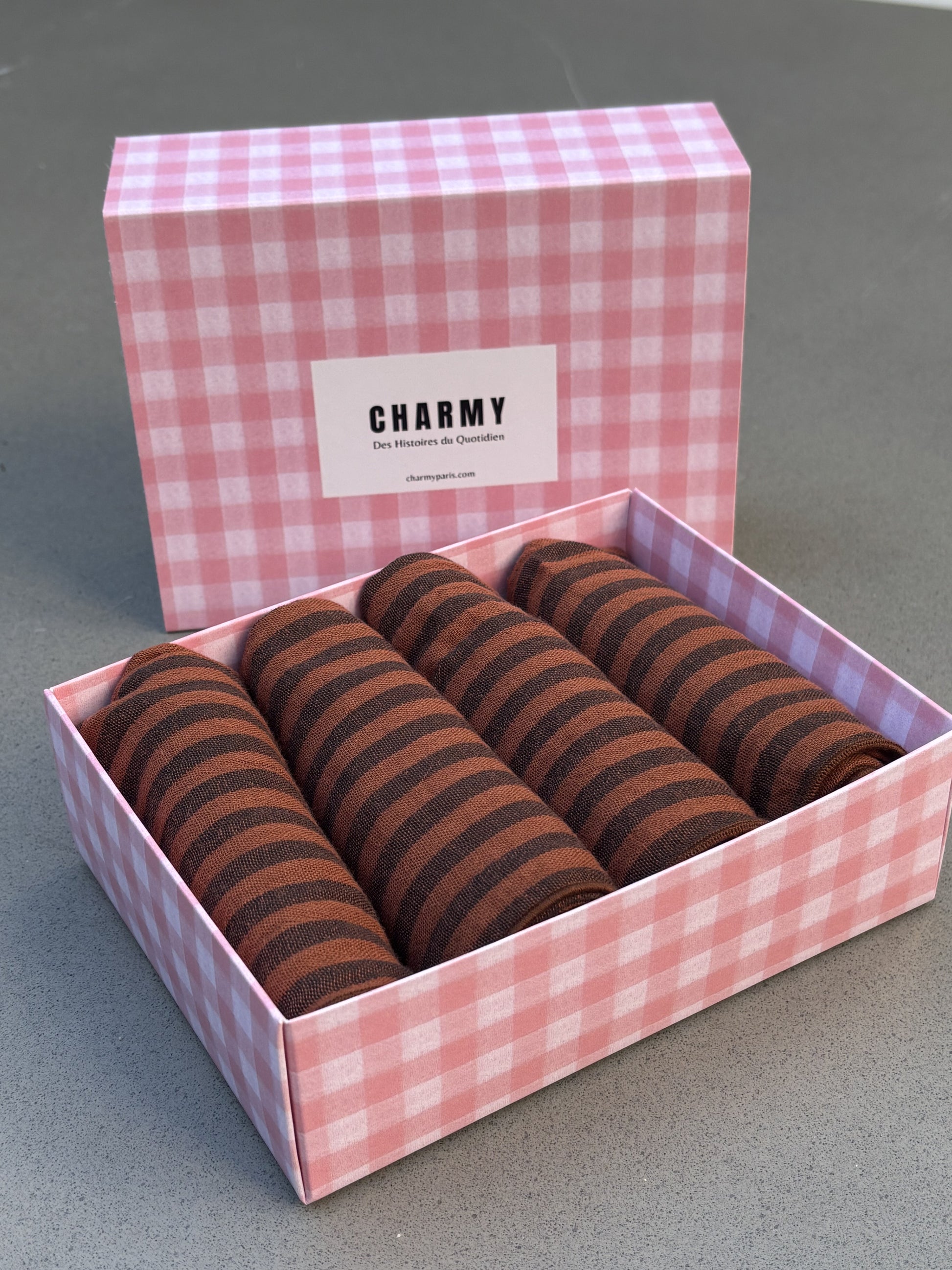 Coffret de 4 serviettes de table en double gaze de coton, rayé toffee, 40x40 cm – Charmy