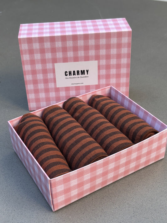 Coffret de 4 serviettes de table en double gaze de coton, rayé toffee, 40x40 cm – Charmy