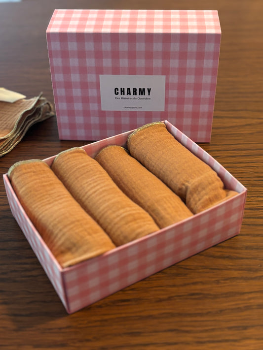 Coffret de 4 Serviettes de Table – Uni Caramel – Double Gaze de Coton – 40×40 cm