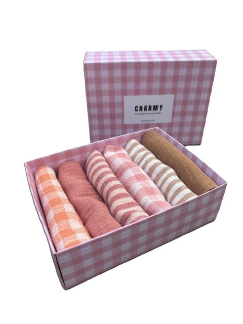 Coffret de 6 Serviettes Cocktail – Gaze de Coton – Unies, Rayées et Vichy – 23×23 cm