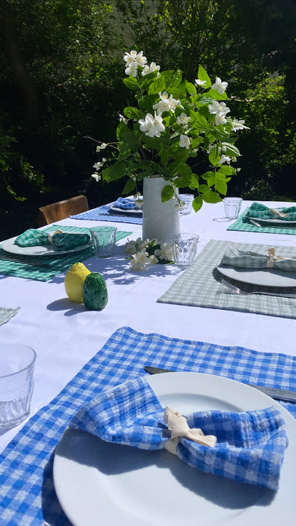 Table dressée avec des sets de table vichy azur, vert de gris avec un bouqet de fleurs