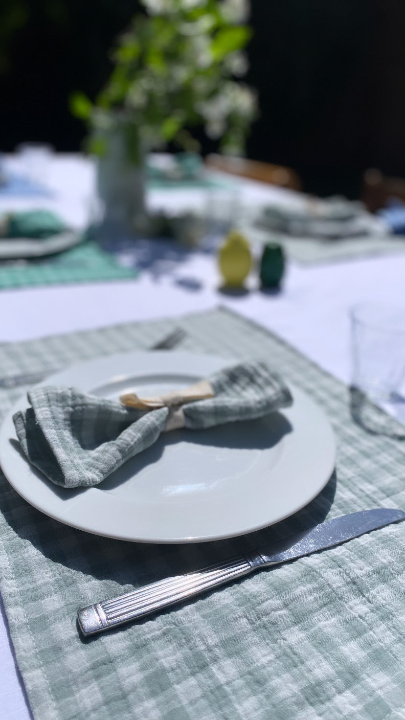 table dressée à l'exterieur avec du soleil, une nappe et des assiettes blanches, un bouquet de fleur est posé sur la table, il y a des sets de table vert de gris vichy et les serviettes assorties