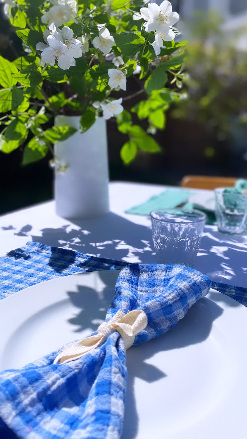 serviette de table bleu à motif vichy avec un vase blanc et des fleurs